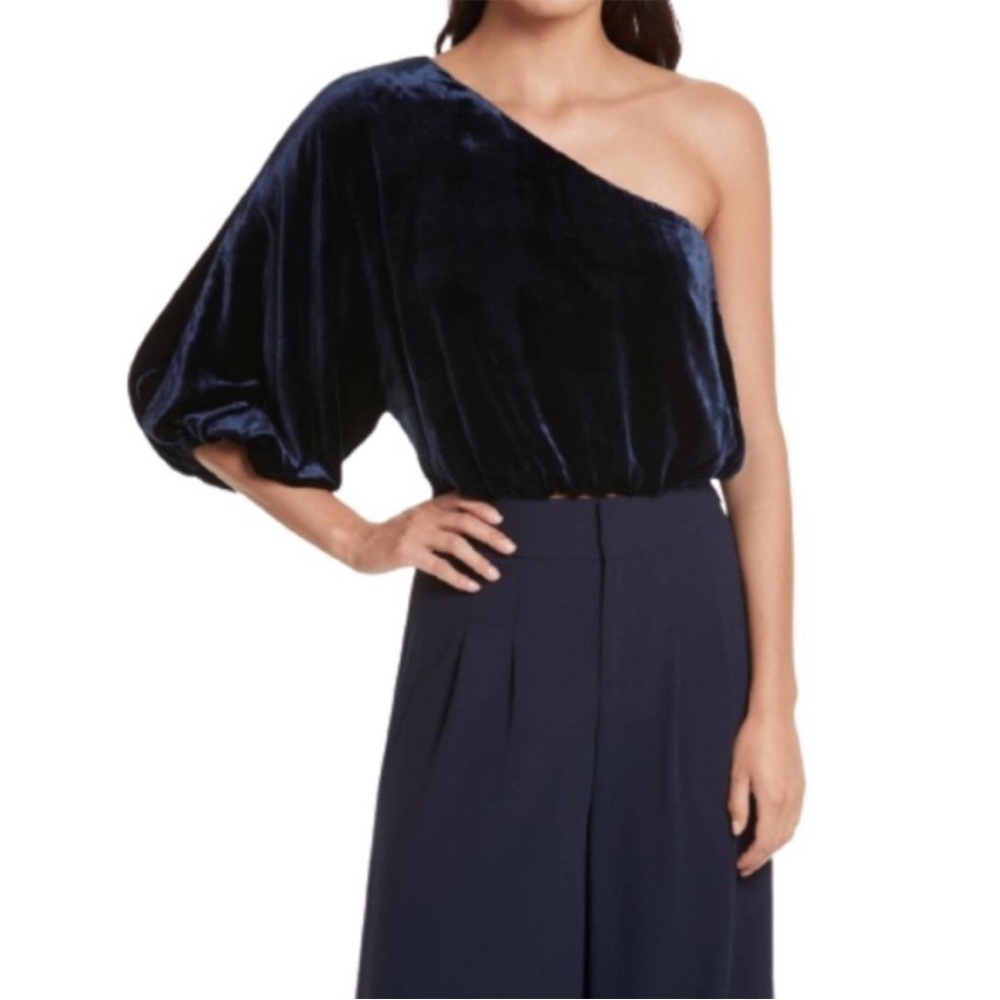 Alice + Olivia One Shoulder Silk Crushed Velvet Navy Blue Goddess Top Size XS